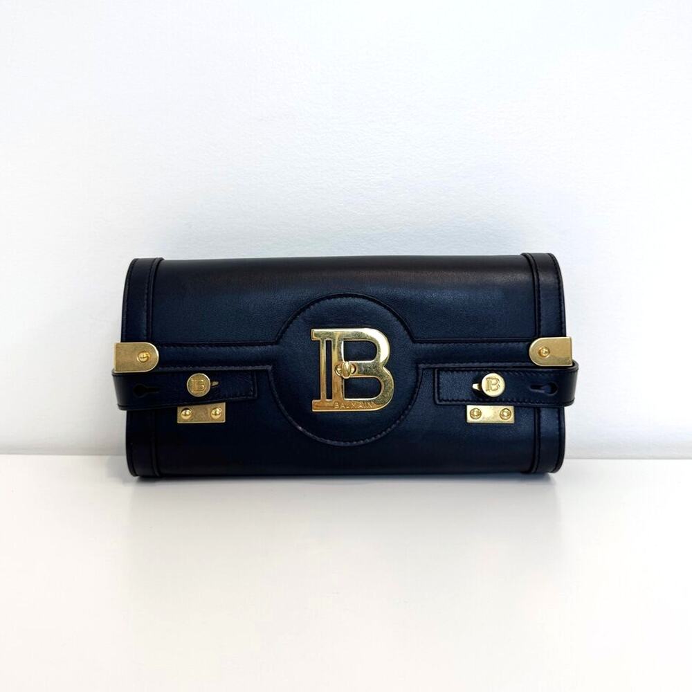 BALMAIN Black Leather Gold B Logo Crossbody Flap Clutch Handbag Turn Lock Bag